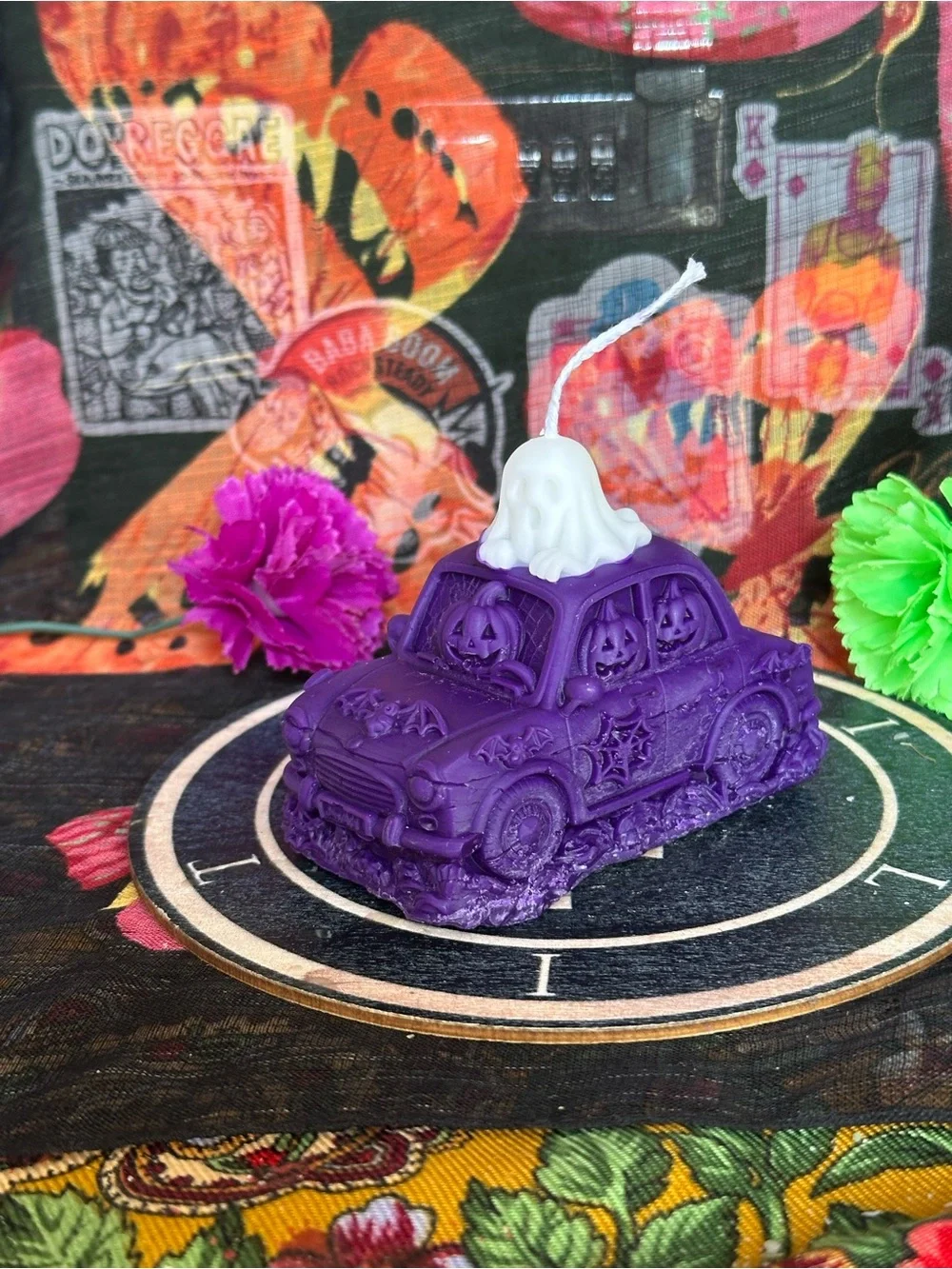 Handmade Boo Mobile Candle – Purple Halloween Car with Ghost